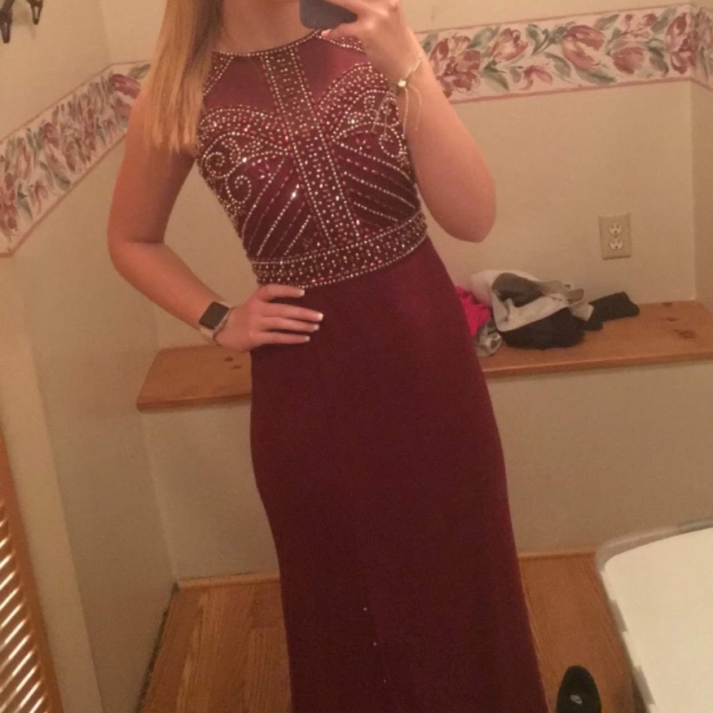 burgundy beaded gown